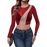 GAMISS Mesh Crop Tops for Women Long Sleeve O-Neck Sheer Shirt See Through Color Block Tees Shirts