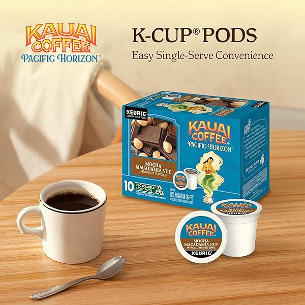 KAUAI COFFEE K-CUP PODS FOR KEURIG BREWERS – ARABICA COFFEE, 10% HAWAIIAN – MEDIUM ROAST, SAVORY AND CHOCOLATEY AROMA – MOCHA MACADAMIA NUT, 1 PACK OF 10 SINGLE SERVE K-CUPS
