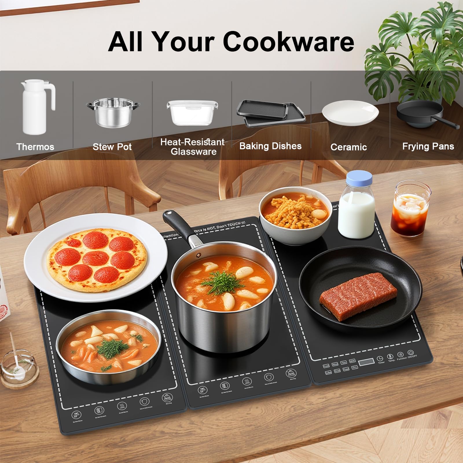 Warming Trays for Buffets Party to Keep Food Warm, 3-in-1 Modular Electric Food Warmers w/ 10 Heat Settings and 12H Timer, Tempered Glass Surface Warming Mat for Food, Catering, Gatherings