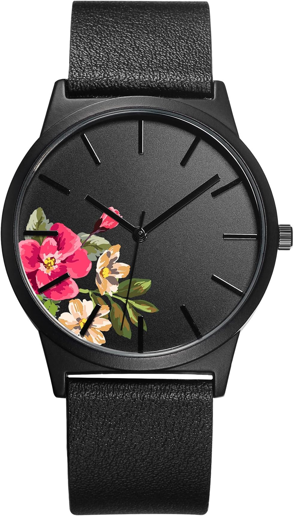 SANQ New Arrival Floral Printing Women Wrist Watch Genuine Leather Watch for Lady Hand (Black)
