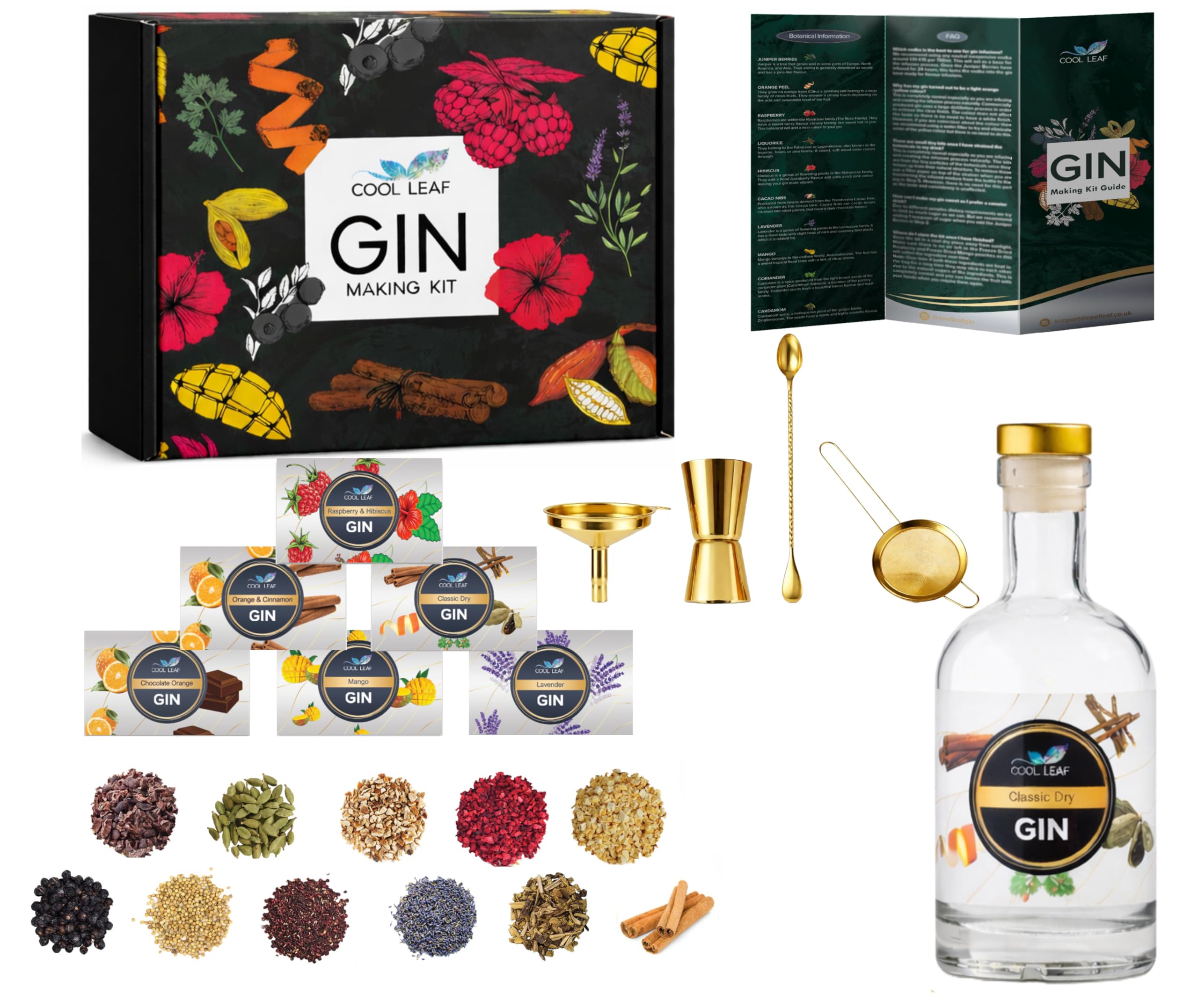 Cool Leaf Gin Making Kit – Perfect Gin Gift Set for Men & Women | 11 Botanicals to Make Your Own Craft Gin | Chocolate Orange, Raspberry & Hibiscus, Mango, Lavender & More