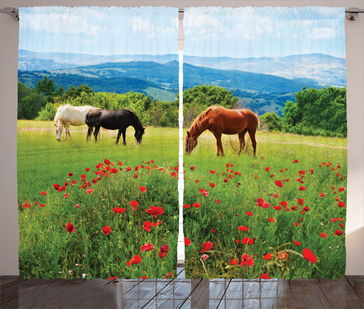 ABAKUHAUS Horses Curtains, Various Kinds of Horses Eating Grass in Field Mountain Landscape Rural Scene Print, Living Room Bedroom Window Drapes 2 Panel Set, 89 W X 110 L, Red Green — image 1