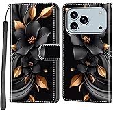 Haninsuze Case Wallet for iPhone 17 Pro Max, [Kickstand] 3 Card Holder Stand [Shockproof TPU Interior Shell], PU Leather Magnetic Protective Flip Cover 6.9", Black Flower