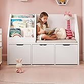 40" Kids Reading Nook with Bench, Toy Storage Organizer and Bookshelf with Seat Cushion, Kids Bookshelf with 3 Movable Drawers, Toy Storage Box on Wheels, Ideal for Nursery, Playroom, Bedroom, White