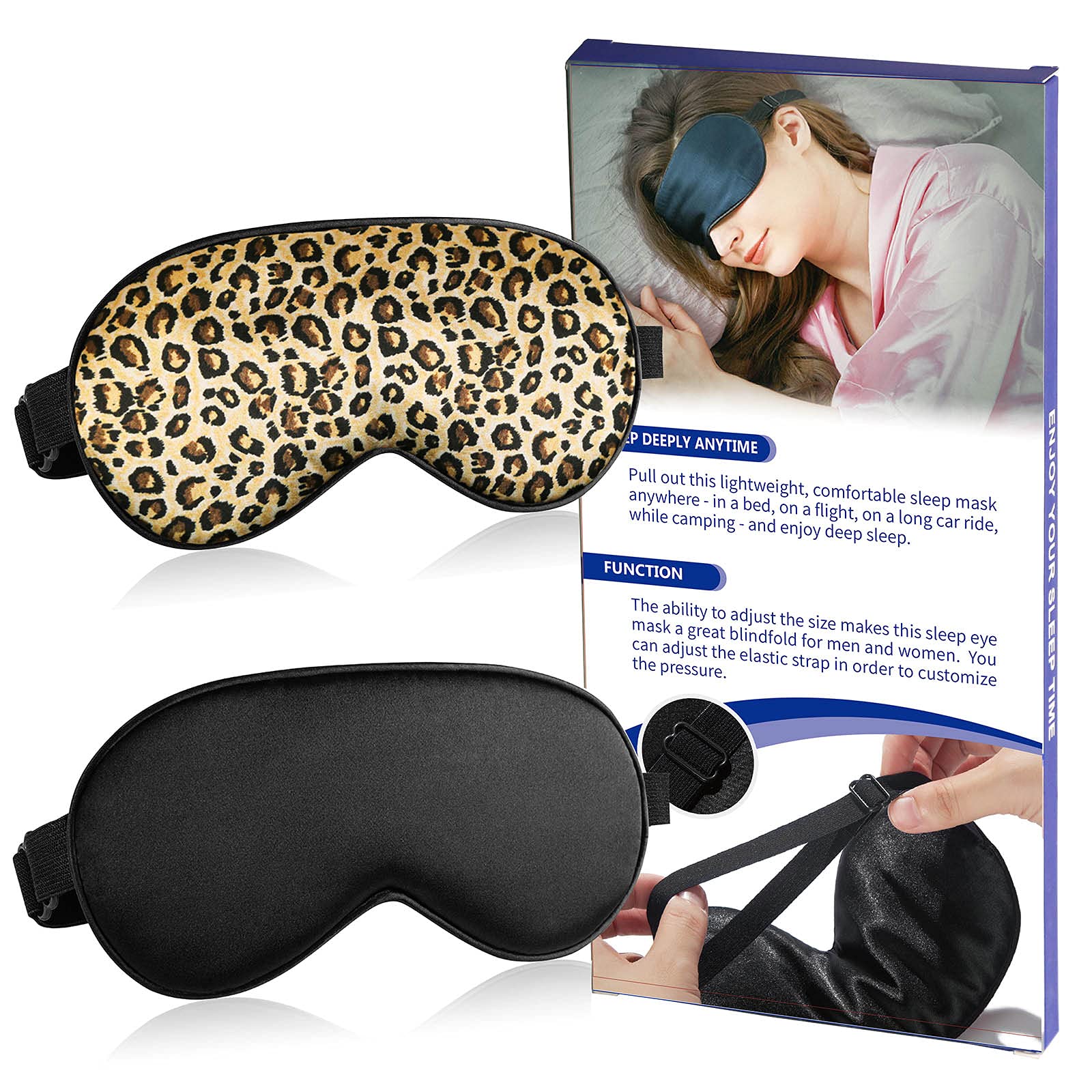Eye Mask for Sleeping 2 Pack Sleep Masks for Men and Women Adjustable Elastic Strap Soft Eye Covers Blindfolds (Black+Leopard)
