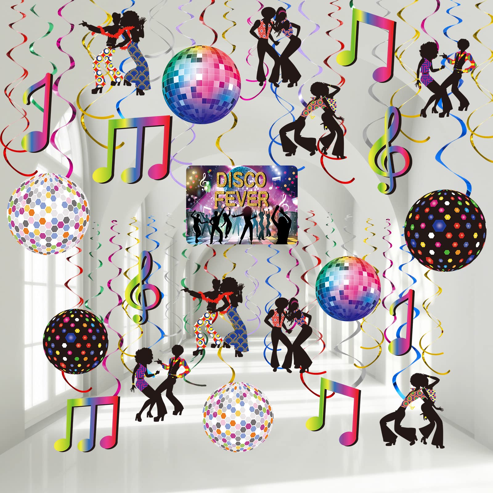 Dianelhall 53 Pieces Disco Party Decorations, 70s Disco Ball Hanging Swirls Ceiling Decor for Retro Fever 70's Boogie 1970s Birthday Hippie Party Favors