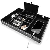 ULTRAY, Valet Tray for Men, Nightstand Organizer, Entry Table Organizer, Catch All, Black Faux Leather Box, 6 Compartments