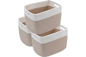 HZFTJOY 3 Pack Woven Rope Storage Baskets for Shelves,13.5"×11"×9.5" Storage Bins with Handles,Empty Gift Baskets,Nursery Organizer for Toys,Towels,Books,Closet,Living Room,Bedroom (White & Brown)