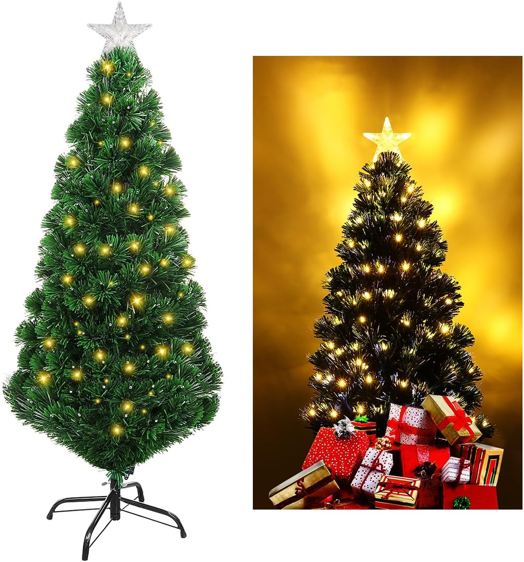 Unomor 6FT Christmas Tree with Lighting Star Tree Topper, Artificial Christmas Evergreen Pine Tree with Multi-Color Fiber Optic Lights & Warm White LEDs