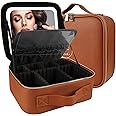 MOMIRA Travel Makeup Bag Cosmetic Bag Makeup Organizer Bag with Lighted Mirror, Adjustable Brightness in 3 Color Scenarios, Waterproof Makeup Train Case, Gift for Women - Tangerine Brown