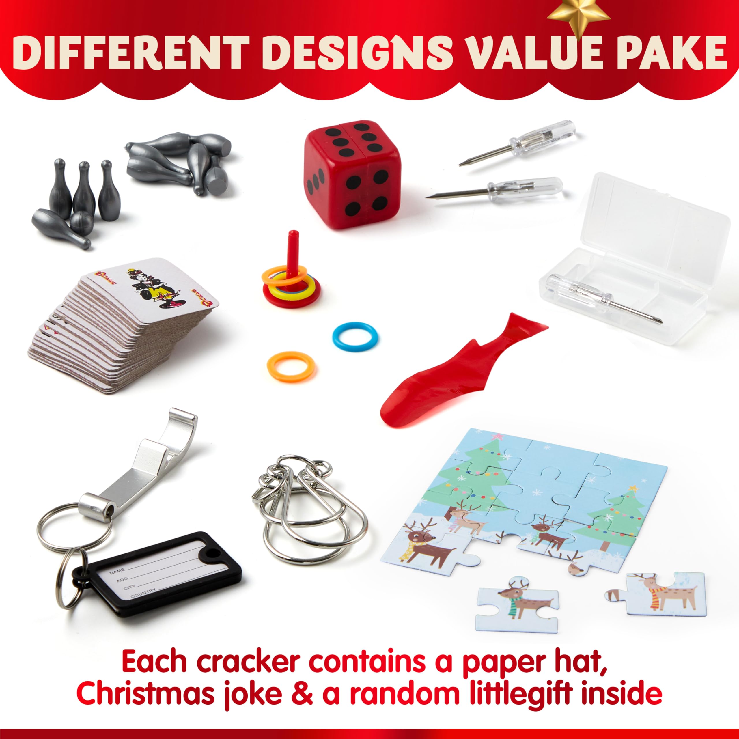 JOYIN 10 Pack Christmas No Snap Party Table Favor with Red & White Snowflake Design, with Party Hat, Joke & Little Gift Inside, for Xmas Gift, Christmas Seasonal Holiday Dinner Traditions