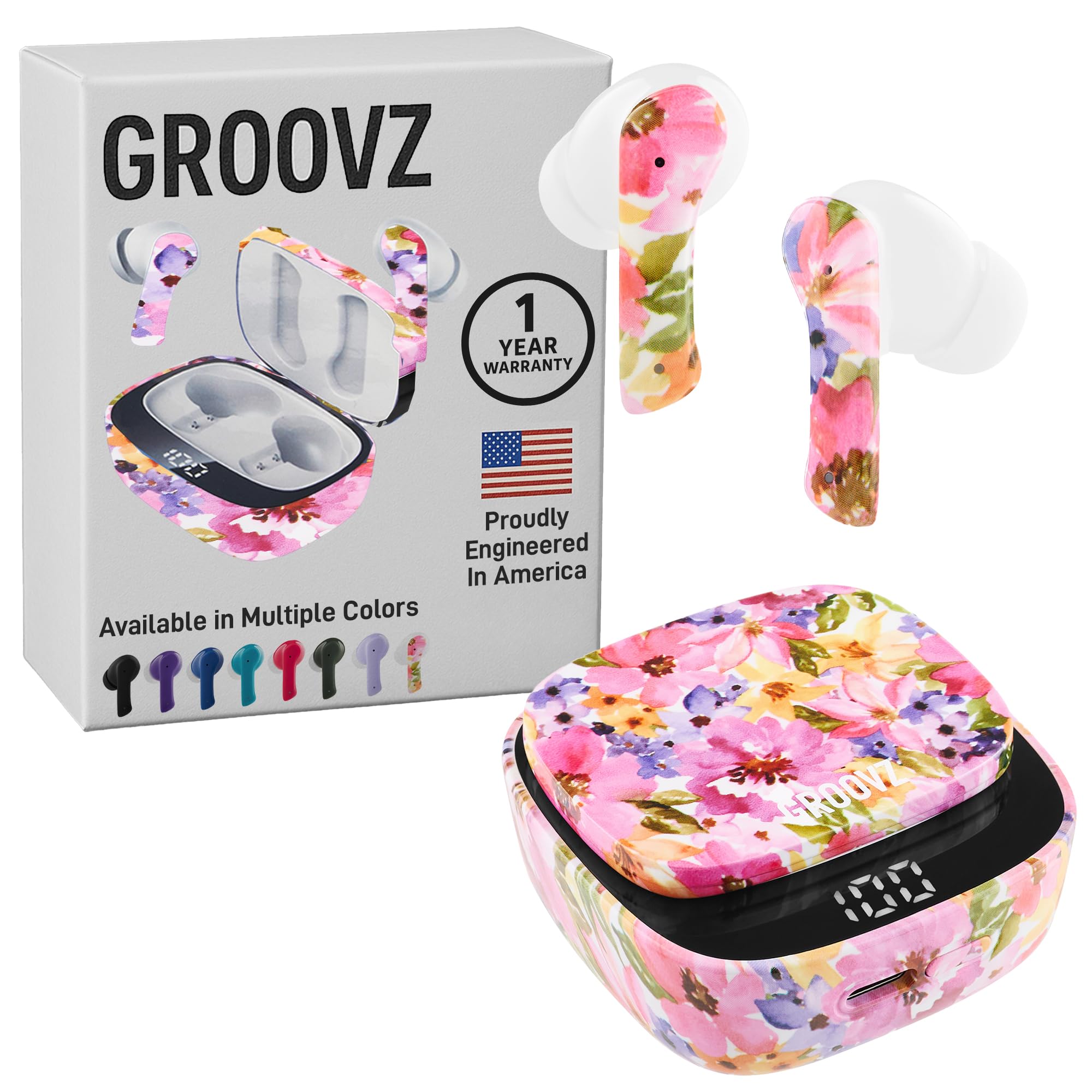 Photo 1 of Groovz True Wireless Earbuds with Charging Case - Designed and Engineered in The USA - IPx4 Water Resistant Bluetooth Earbuds Compatible with Apple and Android - 27Hrs Battery Life - Floral