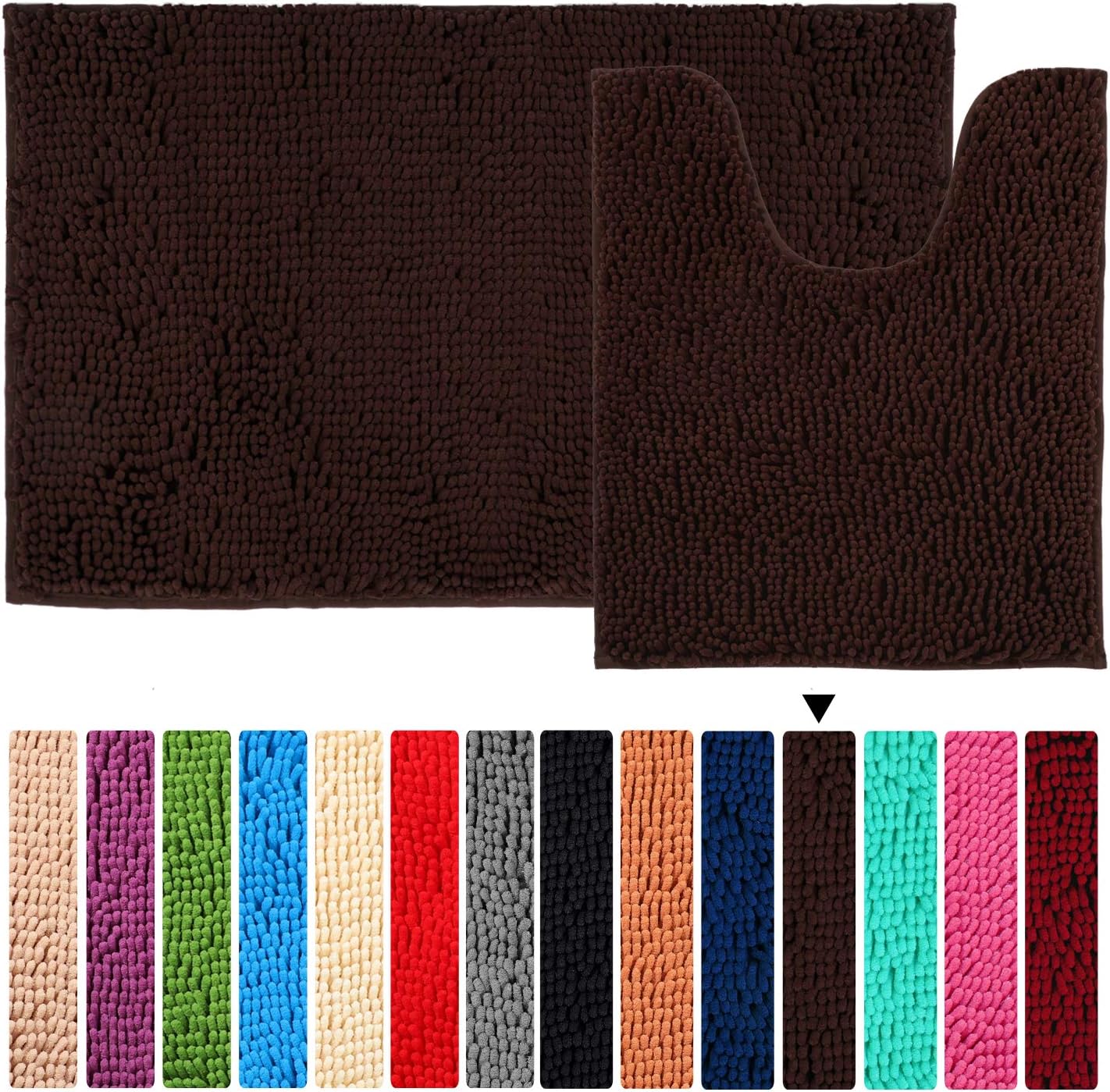 Dark Brown Bathroom Rug Set Floor Non Slip Bath Mat ORANIFUL Microfiber Shaggy Toilet Mat Plush Super Water Absorbent Machine Wash/Dry Extra Soft 20" x24" Curved & 20" x31.5"