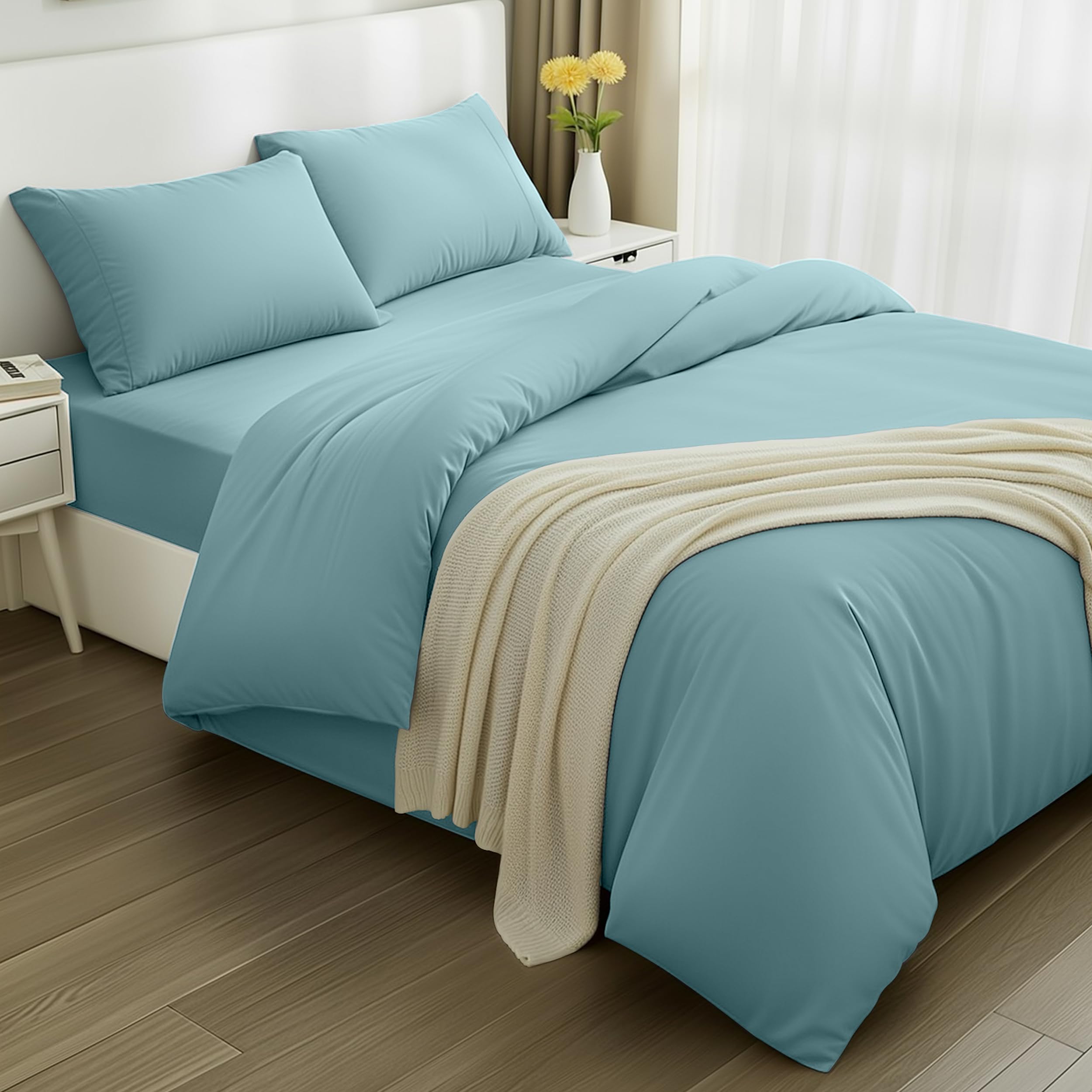Utopia Bedding 4 Piece Double Bedding Set - Duvet Cover, Fitted Sheet with Pillow cases - Soft Brushed Microfiber (Spa Blue)
