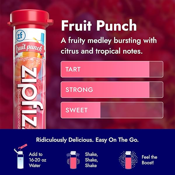 ZIPFIZZ DAILY ENERGY DRINK POWDER, FRUIT PUNCH, 20 PACK 3-IN-1 SUSTAINED ENERGY, RAPID HYDRATION, AND ESSENTIAL VITAMINS SUGAR-FREE ELECTROLYTE POWDER CONTAINS VITAMIN B-12 & ANTIOXIDANTS