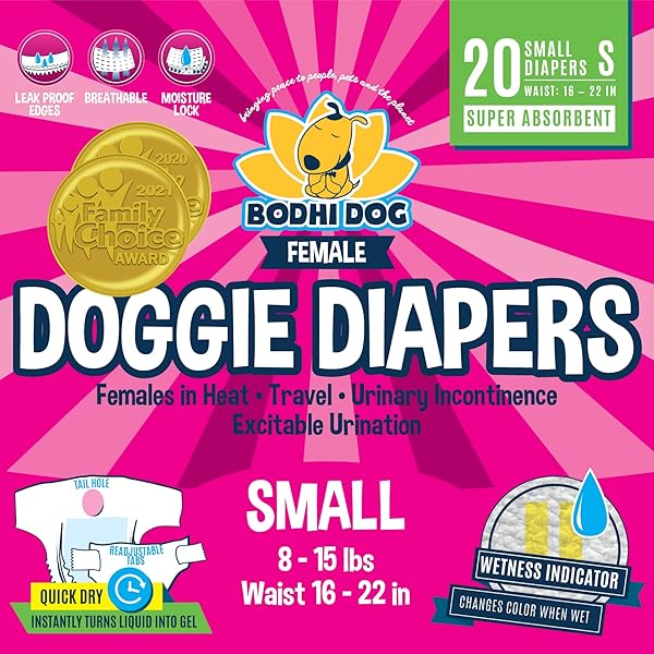 BODHI DOG DISPOSABLE FEMALE DOG DIAPERS – SUPER ABSORBENT DOG DIAPERS FOR FEMALE HEAT CYCLE – ADJUSTABLE FIT PEE WRAPS FOR POTTY TRAINING, MOISTURE CONTROL & WETNESS INDICATOR – SMALL (20 COUNT)