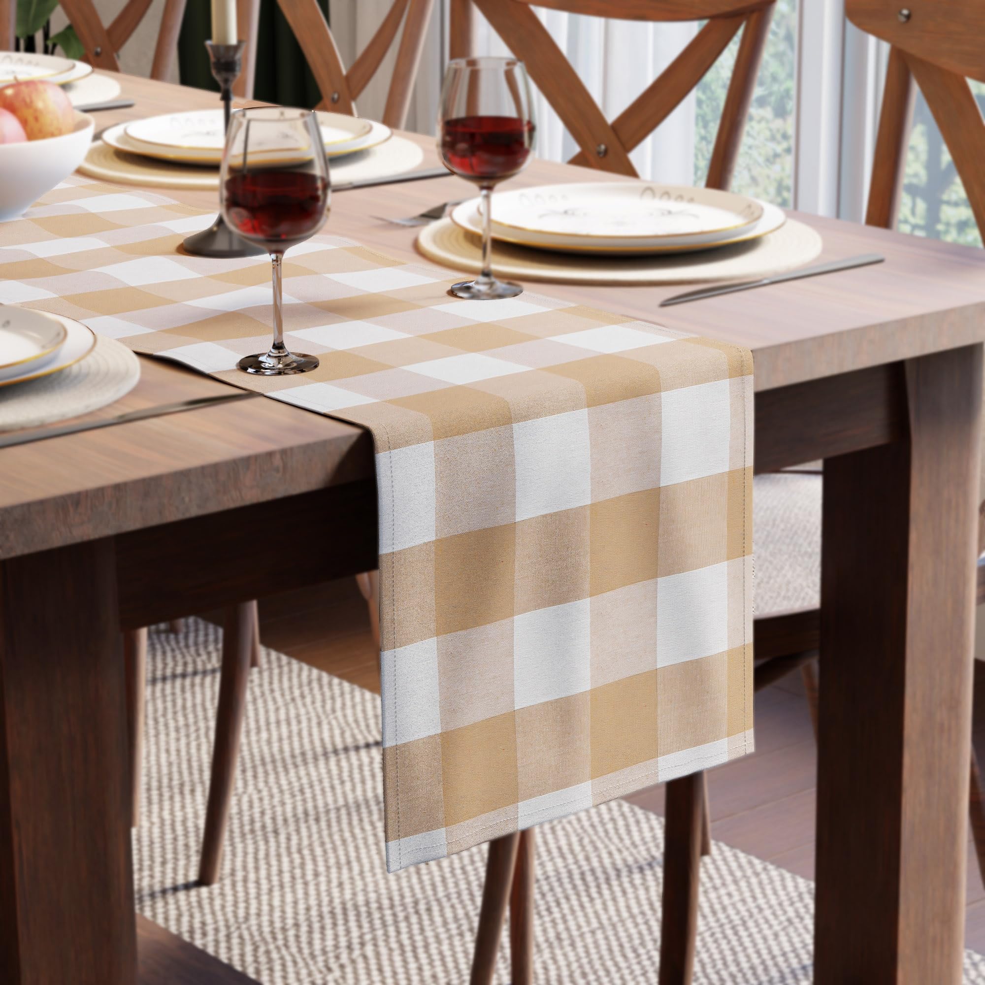 Encasa XO Cotton Dining Table Runner | Buffalo Beige Checks | Size 13x91 in - Machine Washable & Durable