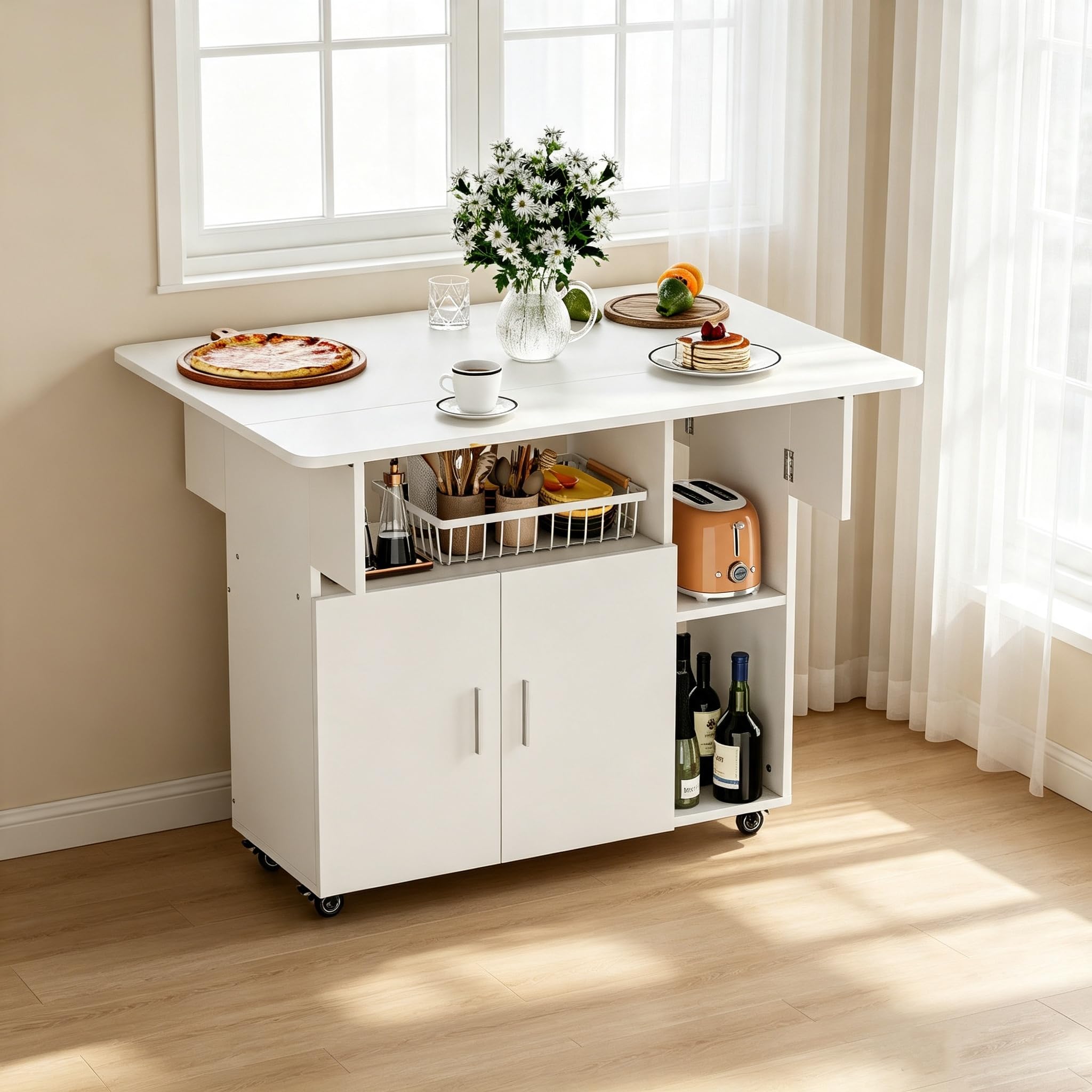 Ztexkee Mobiler Klapptisch Klappbarer Esstisch auf Rädern Klapptisch mit 1 großen Schrank und 3 offenen Fach Sideboard Mobiler Esstisch für kleine Räume Esszimmer Küche 100 x 70 x 79 cm Weiß 3