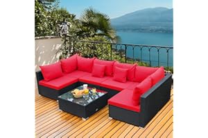 Tangkula 7 Piece Patio Furniture Set, Outdoor Sectional Sofa w/Pillows and Cushions, Wicker Sofa Conversation Set with Coffee