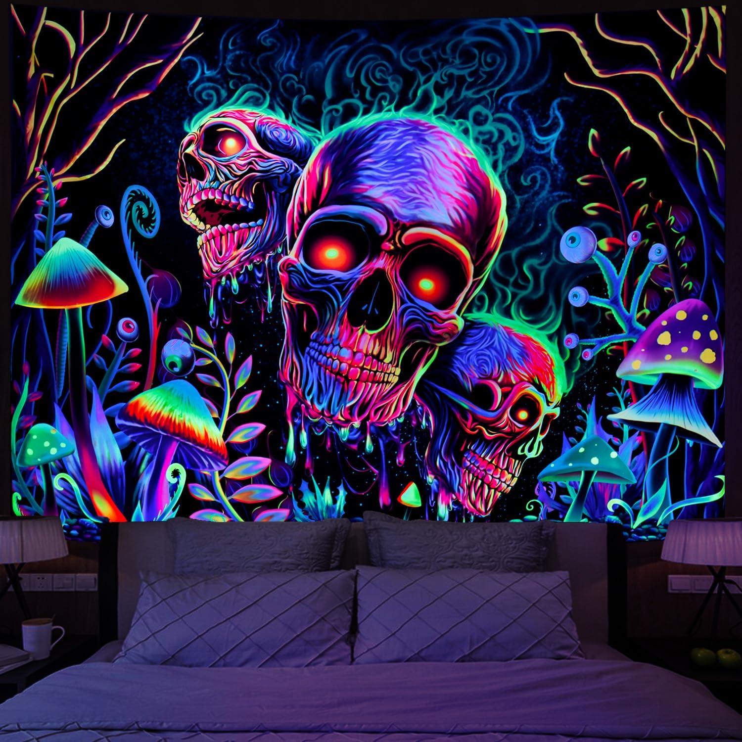 Tapestries - Amonercvita Blacklight Skull Tapestry Trippy Skeleton Wall Tapestry UV Reactive Neon Plants Trees Tapestry Aesthetic Galaxy Space Tapestry Wall Hanging for Home Decor(W51.2×H59.1 inches)