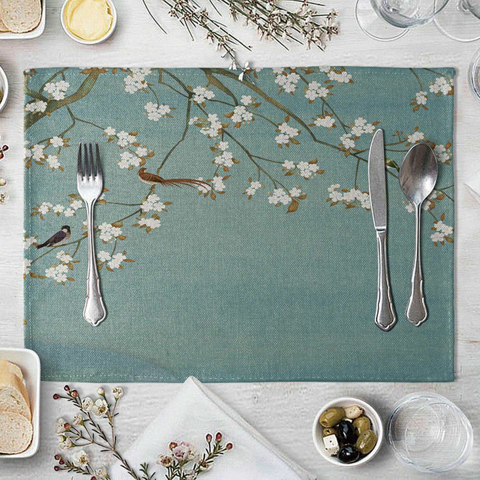 Daesar Holiday Placemats Set of 4, Linen Placemats Elegant Flower Branches and Birds White Green Placemats Waterproof 16x12 Inch