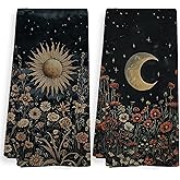 XNXLDYLH Dark Boho Wildfloral Floral Kitchen Towels and Dishcloths Sets of 2, Celestial Moody Dark Cottagecore Academia Bathroom Decor, Sun and Moon Decor Dish Hand Tea Towels for Bathroom, 16x24 Inch