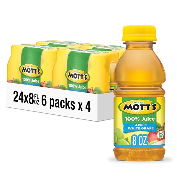 MOTT’S 100% APPLE WHITE GRAPE JUICE, 8 FL OZ BOTTLES, 24 COUNT (4 PACKS OF 6), NO ADDED SUGAR, EXCELLENT SOURCE OF VITAMIN C, 2 SERVINGS OF FRUIT PER BOTTLE, GLUTEN & CAFFEINE FREE, ON-THE-GO