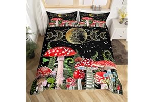 HOMEWISH Wild Mushroom Duvet Cover Set Queen Size,Sun Moon Planet Star Sky Bedding Set 3pcs for Kids Teens Girls Boys Room Decor, Plant Trippy Comforter Cover Red Quilt Cover with 2 Pillowcases