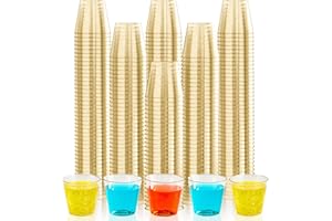 JOLLY CHEF 500 Pack 1 oz Shot Glasses, Gold Glitter Elegant Party Cups Tumblers, Disposable Cups with Glitter for Wedding, Thanksgiving Day, Christmas Halloween Party