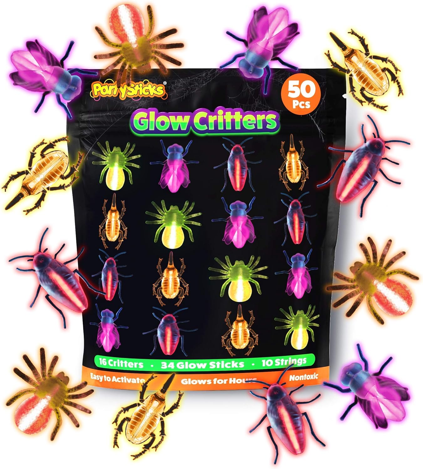 Party Sticks Glow Critters 50pk Glow in the Dark Bug Toys and Glow Sticks - 2.5 Inch Fake Bugs Party Favors, Glow in the Dark Party Decorations with 16 Fake Bugs and 34 Mini Glow Sticks: Toys & Games