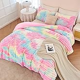 ANGIYUIN 3 Pieces Fluffy Twin Duvet Cover Sets for Girls Faxu Fur Plush Shaggy Kids Bedding Cover Set Tie Dye Pink Fuzzy Comforter Cover Set(Pink Rainbow Tiwn)