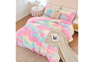 ANGIYUIN 3 Pieces Fluffy Twin Duvet Cover Sets for Girls Faxu Fur Plush Shaggy Kids Bedding Cover Set Tie Dye Pink Fuzzy Comforter Cover Set(Pink Rainbow Tiwn)