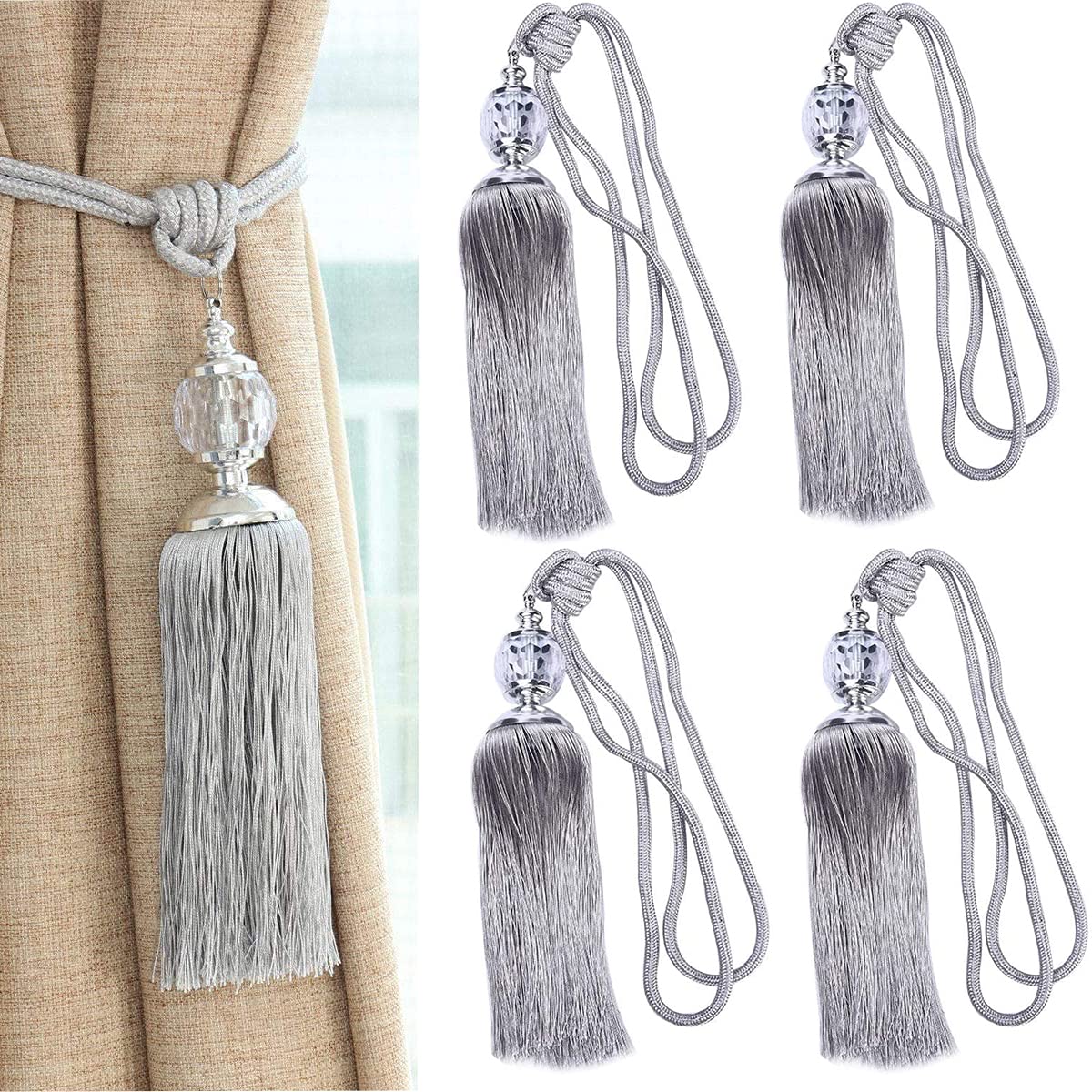 DARENYI 4 Pcs Curtains Tieback Tassel Curtain Tiebacks Rope Silver Curtain Holdback Braided Tie Backs Curtain Holder for Living Room Bedroom Decorative Drapery
