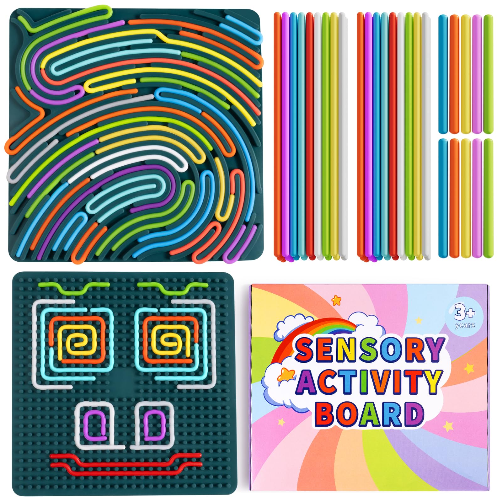 Sensory Activity Board - Large Silicone Fidget Toy for Autism, Anxiety, Stress Relief, Calming & ADHD, Double-Sided Silent Sensory Activities for 3+ Kids, Adults with Portable Travel Bag & 30 Strings