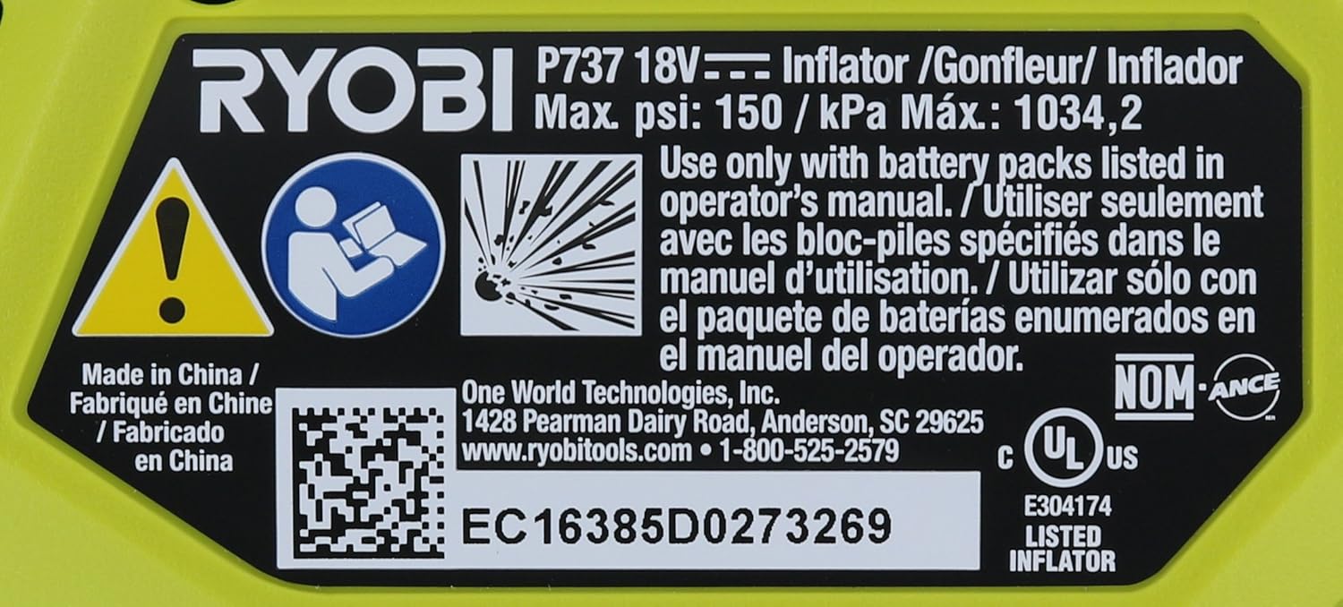 Ryobi P737 18-Volt ONE+ Portable Cordless Power Inflator for Tires (Battery Not Included, Power Tool Only): Industrial & Scientific