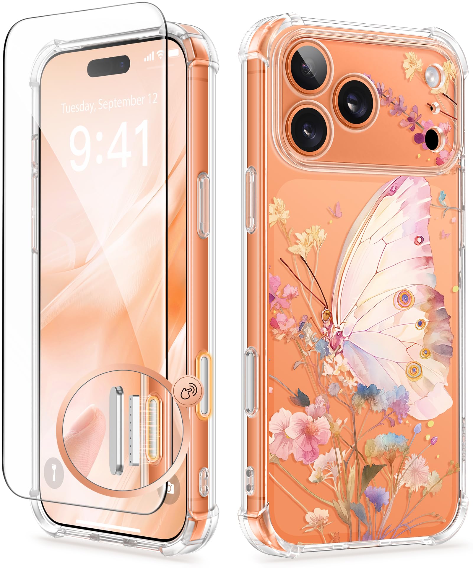 Photo 1 of GVIEWIN for iPhone 17 Pro Case with Screen Protector, Upgraded [Full Camera Protection] [Non Yellowing] Floral Slim Shockproof Clear Women Phone Cover for iPhone 17 Pro 6.3" (Magic Butterfly)