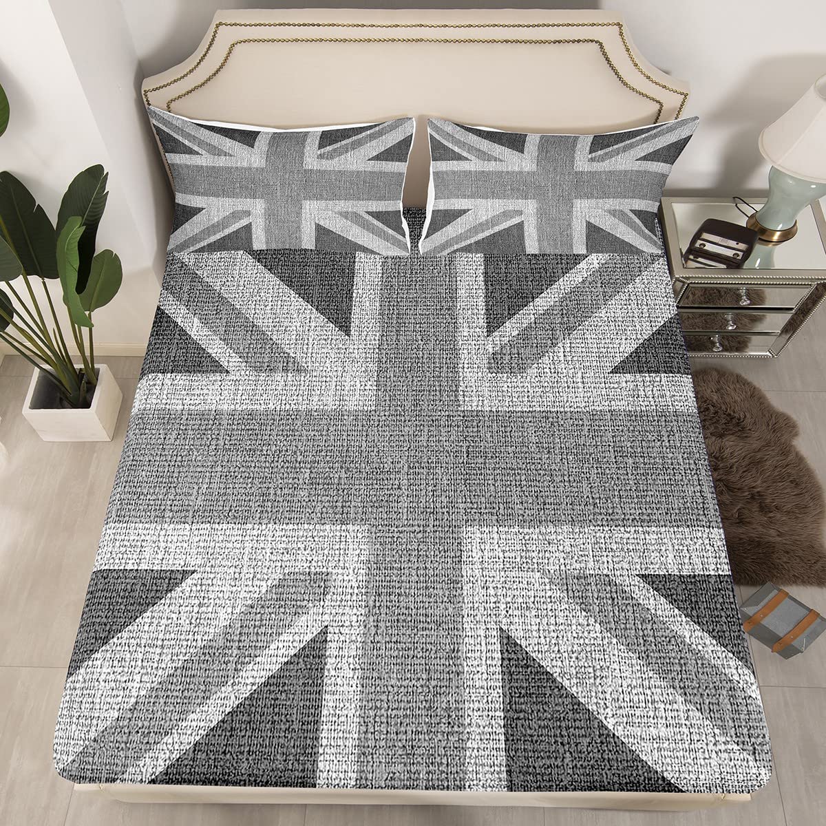 United Kingdom Flag Bed Sheet Set Union Jack Bedding Set Grey UK Flag Fitted Sheet For Kids Adults Geometric No Flat Sheet Ultra Soft Single Size