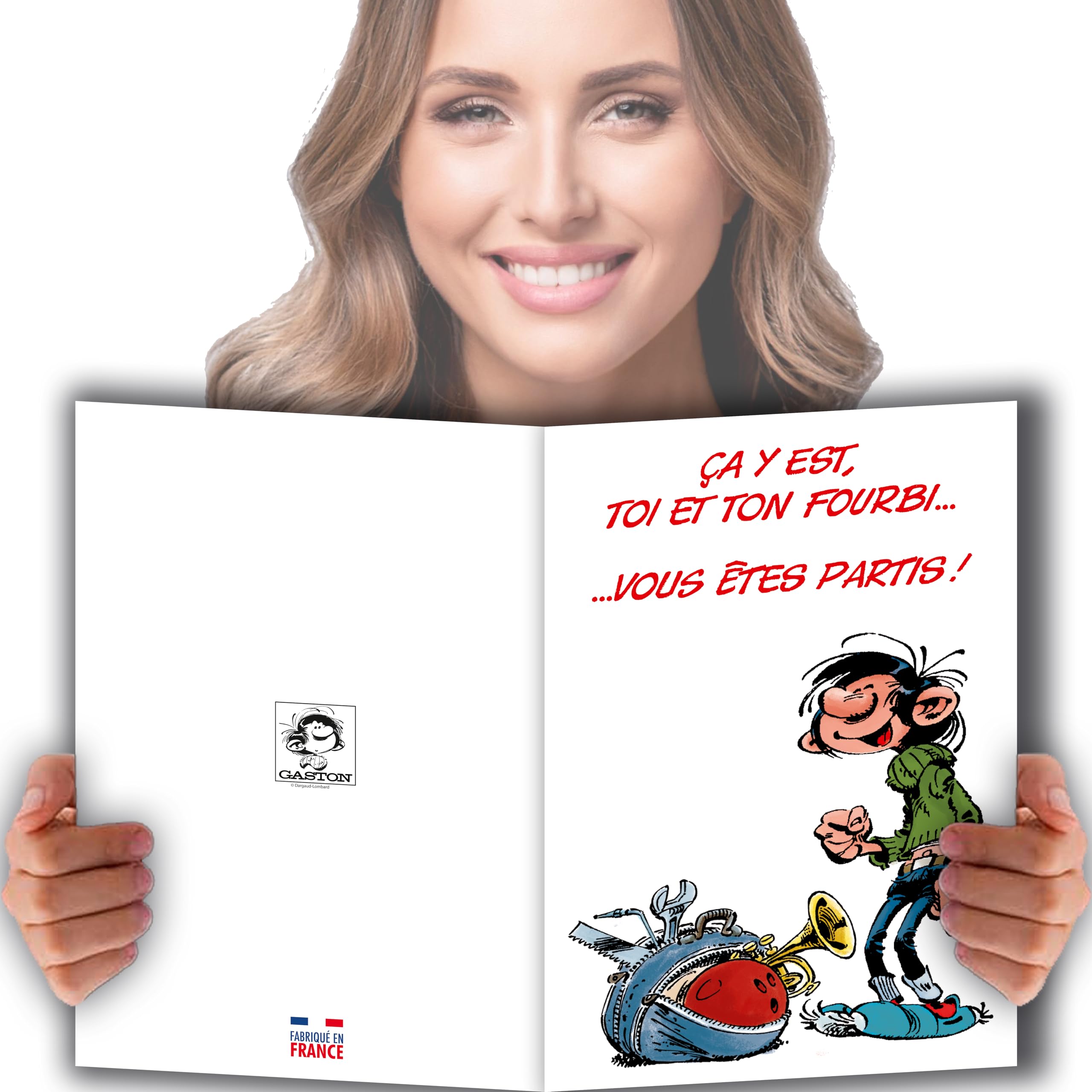 Glmx-2031 Large Good Luck Gaston Lagaffe Greeting Card – Maxi Giant A4 Format with Envelope – Success Bag Trumpet Bowling