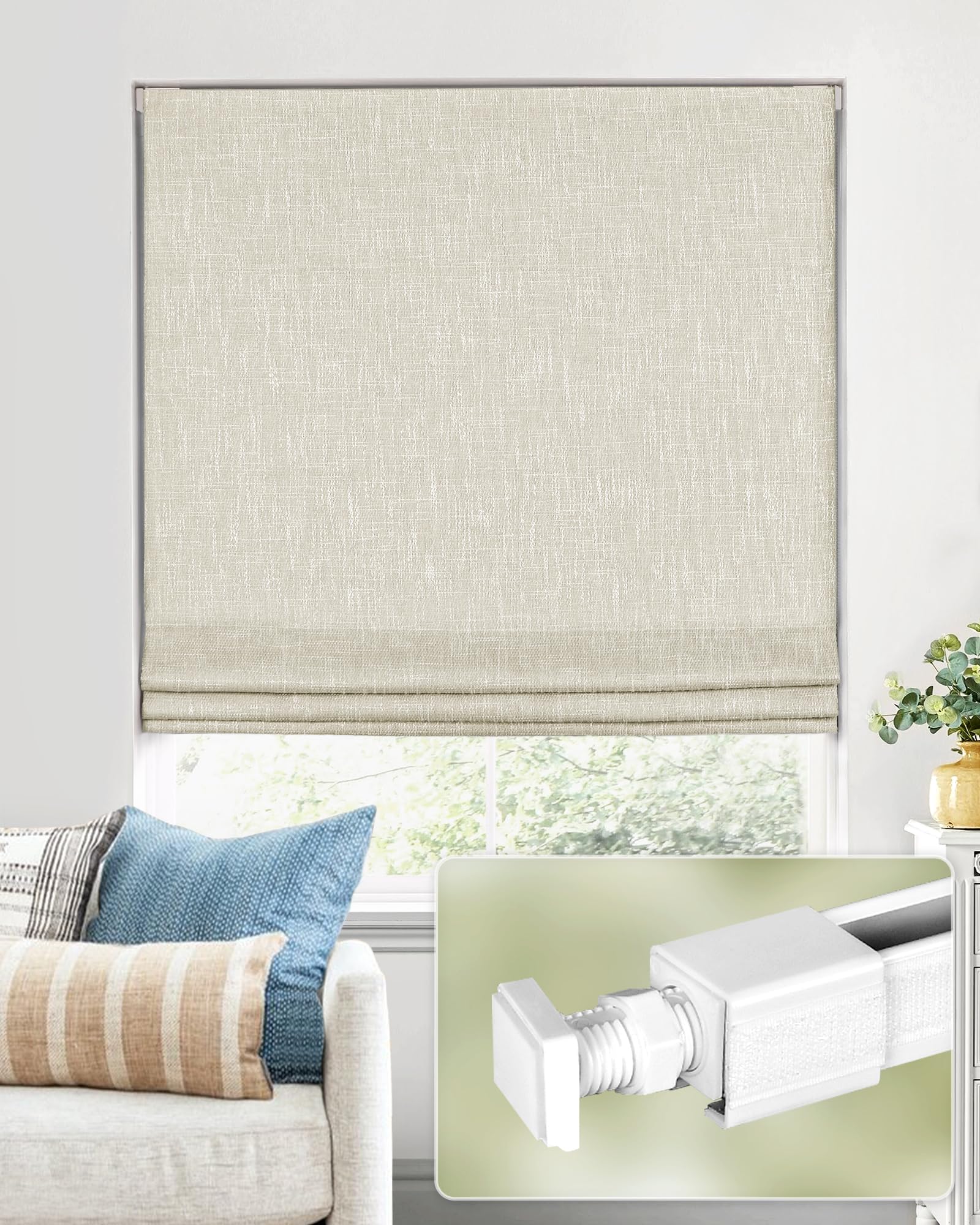 Photo 1 of No Tools No Drill Cordless Roman Shades for Indoor Windows 100% Blackout, for Window Size 36" W × 48" H Beige