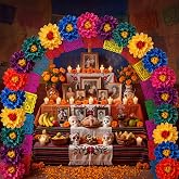 Thiccywoov 32 Pcs Dia De Los Muertos Altar Decoration Day of the Dead Decor | 16 ft Arch Felt Banner, 30 Colorful 8 Inch Marigolds, Dia De Los Muertos Altar Tombstone Outdoor Yard Decor