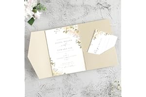 FEIYI 20 PCS Champagne Tri-fold Laser Cut Wedding Invitation Pockets for 5x7 Wedding Cards Bridal Shower Engagement Quinceanera Invitation