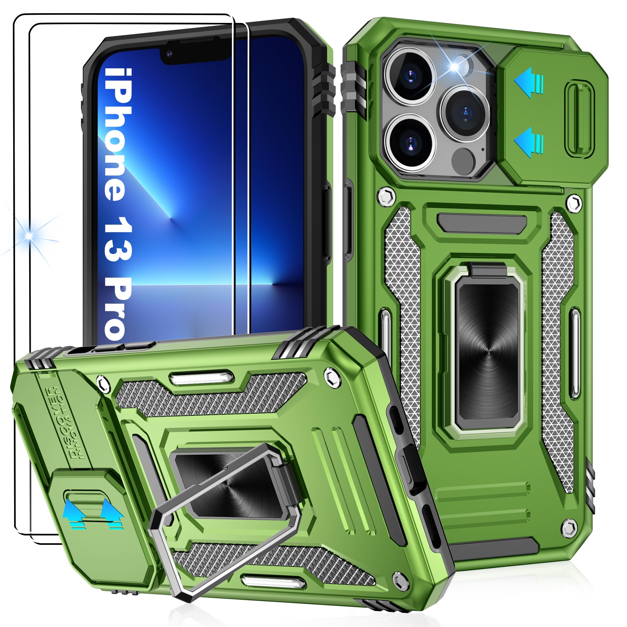 Jshru for iPhone 13 Pro Case with Screen Protector [2 Pack] and Slide Camera Cover,Military Grade Shockproof,Ring Kickstand Phone Cover for iPhone 13 Pro,Olive Green — image 1