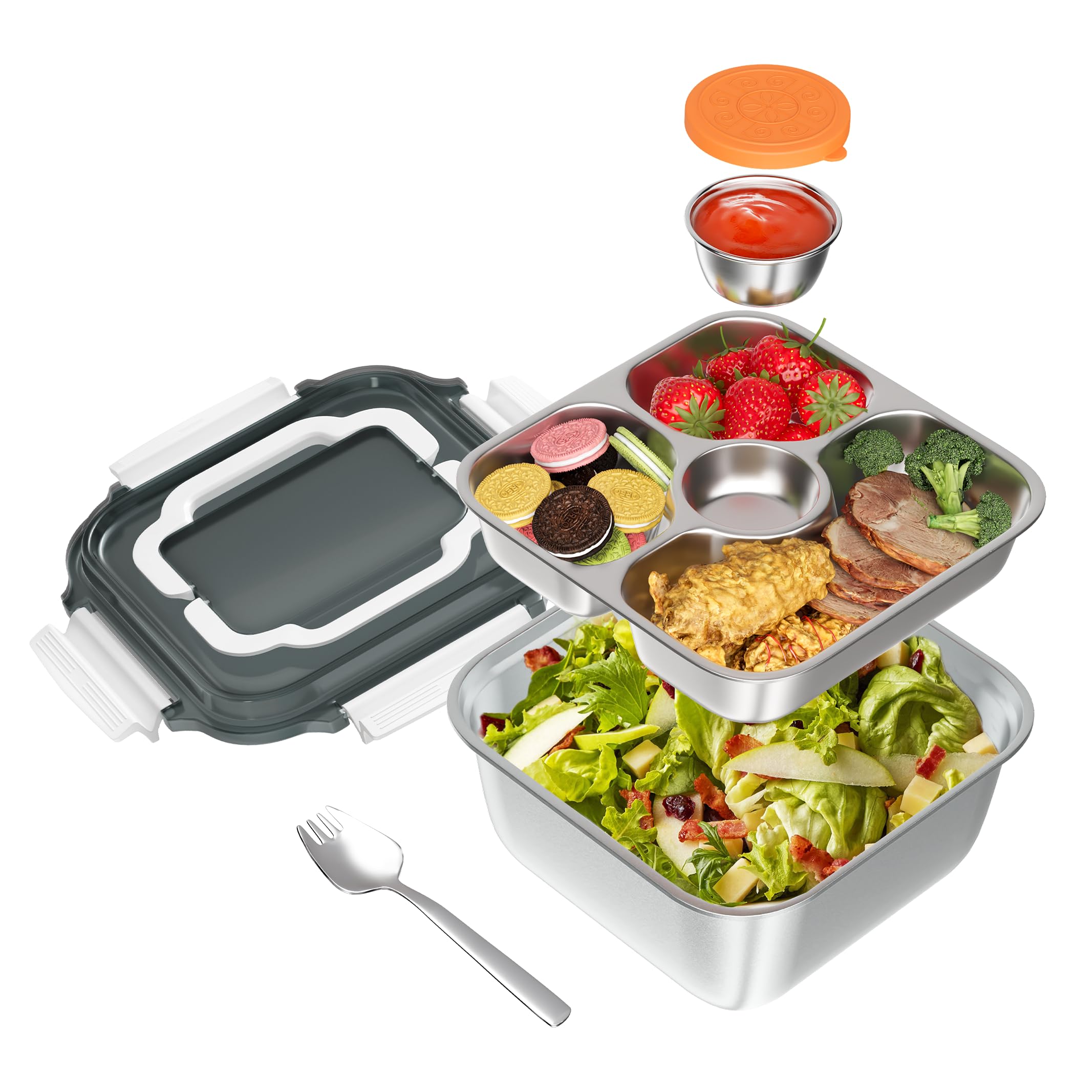 Photo 1 of WWMFS Salad Container for Lunch: 64oz Salad Bowl with Included Spork, 4-Section Bento Tray & Sauce Pot