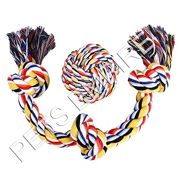 Pets Empire Cotton Blend 3-Knot Tug Chew Toys and Knotted Ball for Dogs Chewing and Playing - Pack of 2