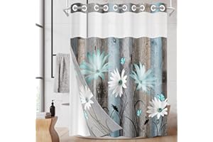Nesphy No Hook Rustic Farmhouse Shower Curtain with Snap in Fabric Liner Set, Teal Daisy Flowers and Butterfly on Wooden Double Layers Waterproof with See Through Top Bath Curtain 71x74 Inch