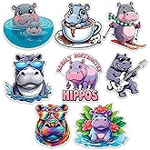 Hippo Sticker 8 Pcs (Large Size) Vinyl Stickers Laptop Waterproof Decal for Car Bumper Water Bottle Notebook Window Funny Party Birthday Decorations - Size 4 Inches