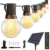 Ollny 35FT Solar Patio Lights, Waterproof Remote Control Dimmable Timers 3Modes Outdoor Light with 15 LED + 1 Spare Shatterproof Bulb, G40 String Lights for Outside Camping Backyard Tree Bistro