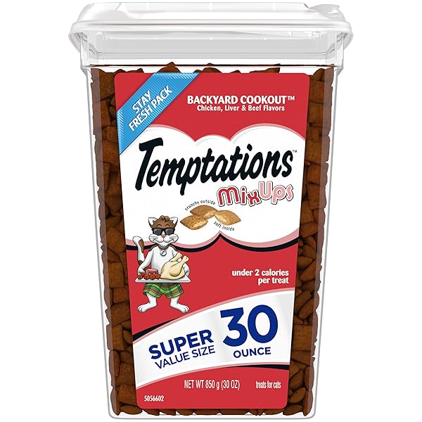 TEMPTATIONS MIXUPS BACKYARD COOKOUT FLAVOR CRUNCHY AND SOFT CAT TREATS, 30 OZ. TUB