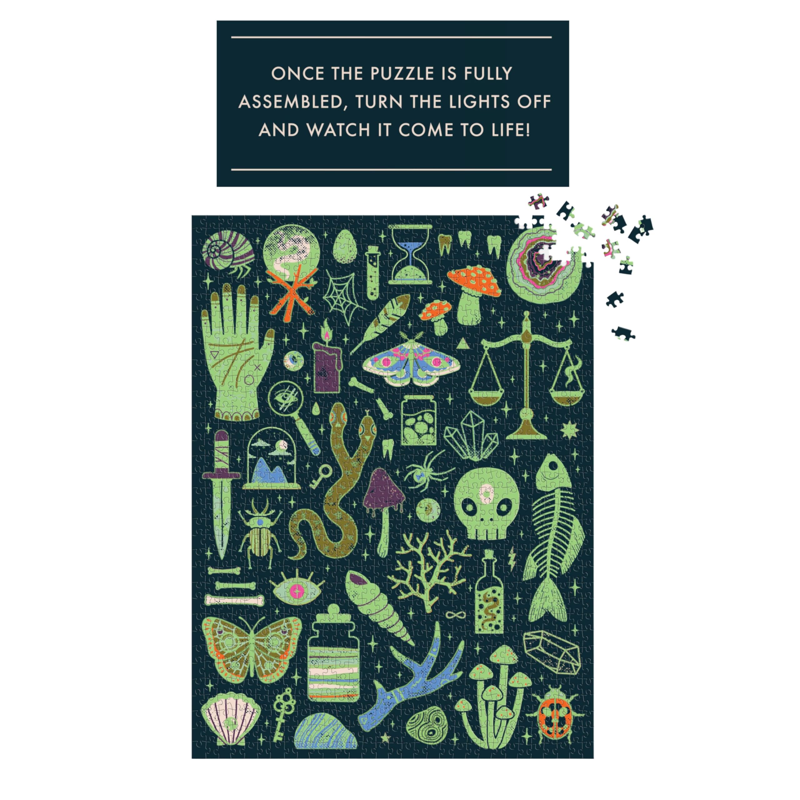 Galison Occult and Curious – 1000 Piece Glow in The Dark Jigsaw Puzzle Featuring an Eerie Collection of Creepy and Spooky Objects
