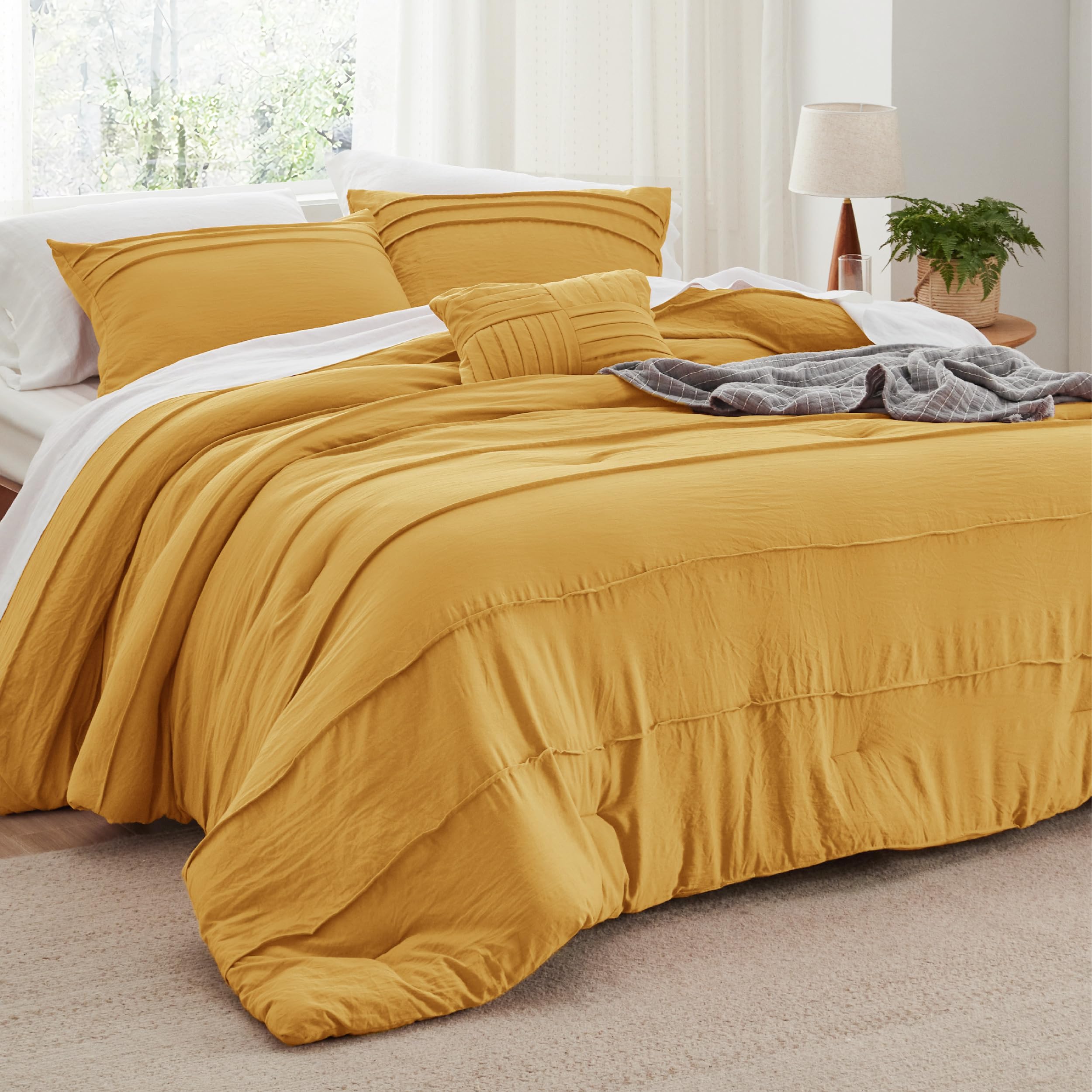 Photo 1 of Bedsure King Comforter Set - 4 Pieces Pinch Pleat Bed Set, Mustard Yellow Boho Bedding for All Season, 1 Soft Comforter, 2 Pillowcases, 1 Decorative Pillow